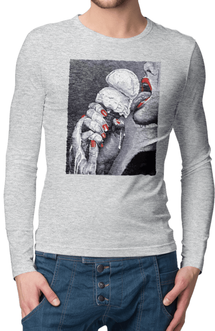 Чоловічий лонгслів з принтом "Смак ескімо". Апетитне ескімо, вона лиже, дівчина та морозиво, лиже мовою, смак ескімо, смак морозива, тече по губах, тече по руках. 2070702