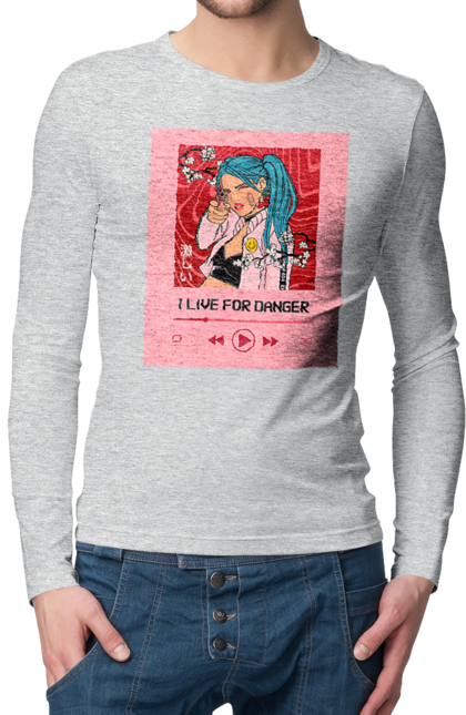 Men`s longsleeve with prints I Live For Danger. Anime, music, pistol, turntable. 2070702