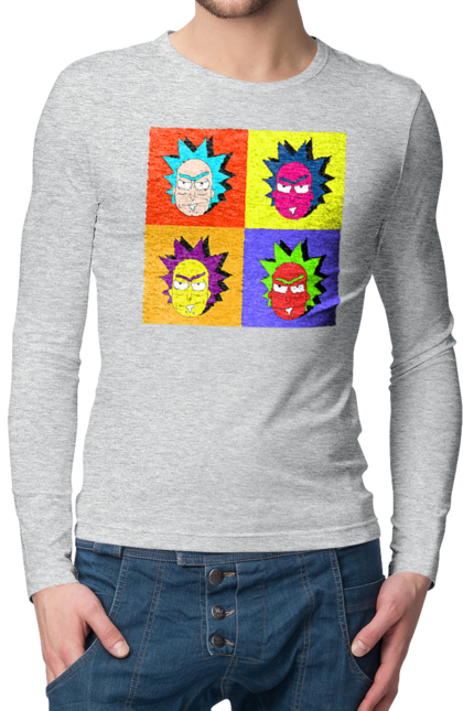 Men's longsleeve with prints Rick and Morty. Adventures, black humor, cartoon, pop art, rick, rick and morty, sci-fi, tragicomedy. 2070702