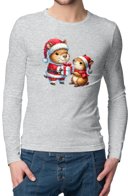 Men's longsleeve with prints Christmas Capybara with a Gift. Animal, capybara, christmas, christmas capybara, gift, holiday, new year, new year`s gift, santa. 2070702