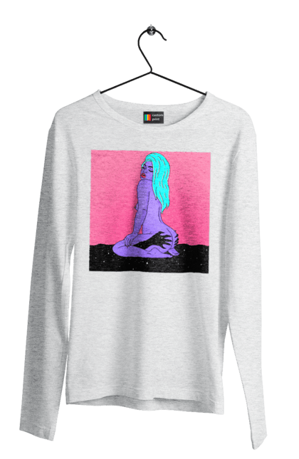 Чоловічий лонгслів з принтом "Фіолетова Дівчина В Руках". Дівчина, інопланетянка, сидить. 2070702