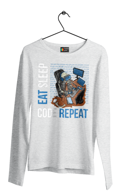 Чоловічий лонгслів з принтом "Їж Cпи Кодуй Повторюй". Айті, айтішник, для айтішника, для програміста, їж спи, кодуй повторюй, подарунок айтішнику, подарунок програмісту, програміст, розробник. 2070702