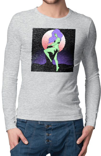 Чоловічий лонгслів з принтом "Зелена Дівчина І Місяць". Інопланетянка, місяць. 2070702