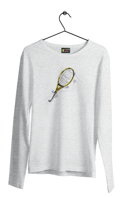 Men`s longsleeve with prints Tennis racket. Ball, ground tournament, players, prize fund, racket, soil, sponsor, tennis, tournament grid. 2070702