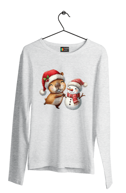 Men's longsleeve with prints Capybara and Snowman. Animal, capybara, christmas, christmas capybara, gift, holiday, new year, new year`s gift, santa, snowman. 2070702