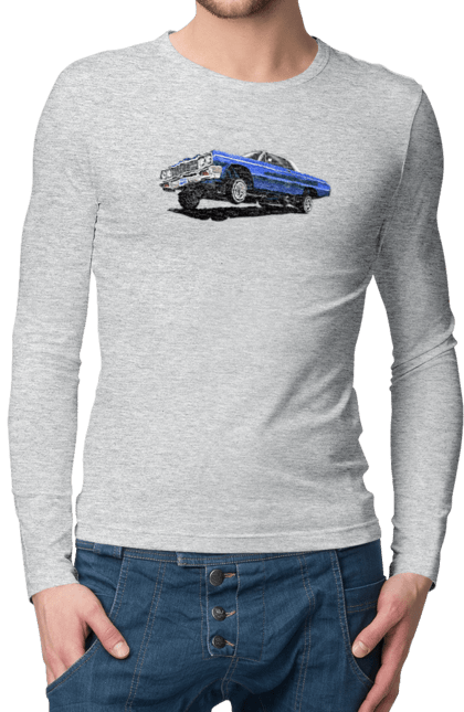 Чоловічий лонгслів з принтом "Автомобіль". Автомобіль, імпала, класика, лоурайдер, синій, шевроле. 2070702