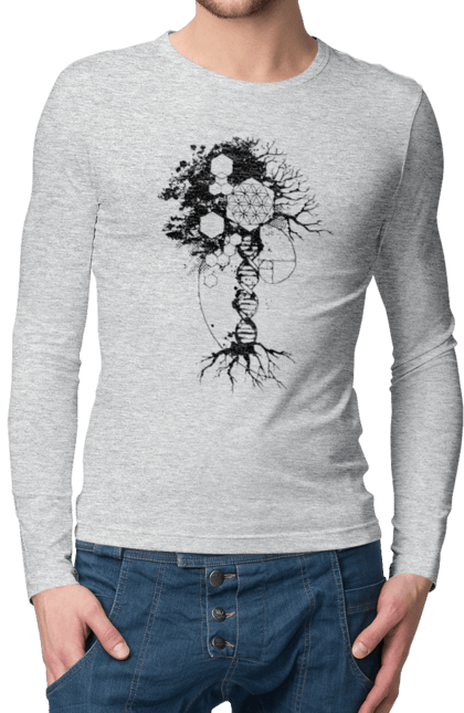 Чоловічий лонгслів з принтом "Древо життя". Геном людини, дерево життя, золотий перетин, квітка життя, сакральна геометрія, таємниця світобудови, таємниця числа фібоначчі, число бога, число фібоначчі. 2070702