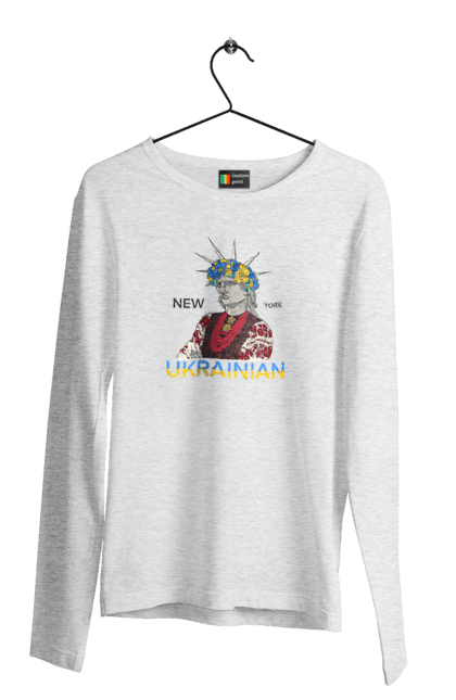 Men`s longsleeve with prints UA & NY. Embroidered shirt, new york, statue of liberty, ukraine, wreath. 2070702