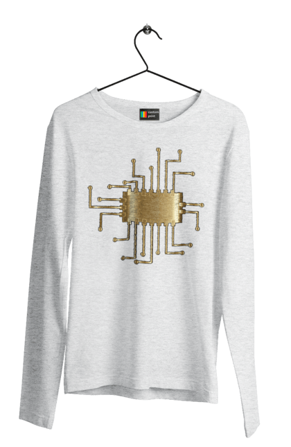 Чоловічий лонгслів з принтом "Золотий Чіп". Айті, айтішник, гик, золотий, золото, інженер, кібернетика, код, комп, комп’ютерник, кристал, мікросхема, програміст, професія, розробник, чіп. 2070702