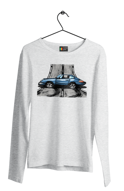 Чоловічий лонгслів з принтом "Спортивний Автомобіль На Дорозі". Автомобіль, гонки, синій, спортиного, швидкий, швидкісний. 2070702