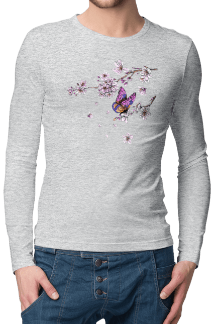 Men`s longsleeve with prints Butterfly And Sakura. Butterfly, sakura, spring, wood. 2070702