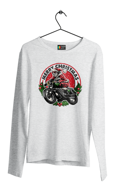 Чоловічий лонгслів з принтом "Щасливого Різдва, дід мороз на мотоциклі". 2022, дід мороз, зима, мотоцикл, новий рік, подарунки, різдво, санта, сніг. 2070702