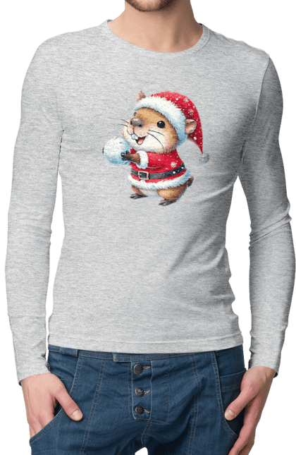 Men's longsleeve with prints Capybara playing snowballs. Animal, capybara, christmas, christmas capybara, game, gift, holiday, new year, santa, snowballs. 2070702