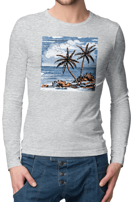 Men`s longsleeve with prints Palm Trees And Sky. Clouds, palm trees, sea, sky. 2070702