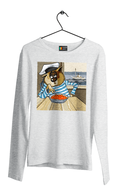 Men`s longsleeve with prints Cat Sailor, On The Ship Eats Red Caviar. Cat, caviar, sailor, ship. 2070702