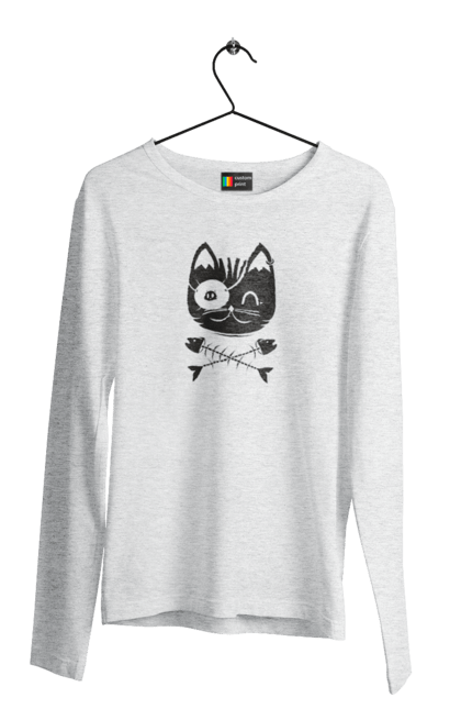 Чоловічий лонгслів з принтом "Кіт пірат". Кістки, кіт, крутий малюнок, милі рисунки, пірати, риба, тварини, череп. 2070702