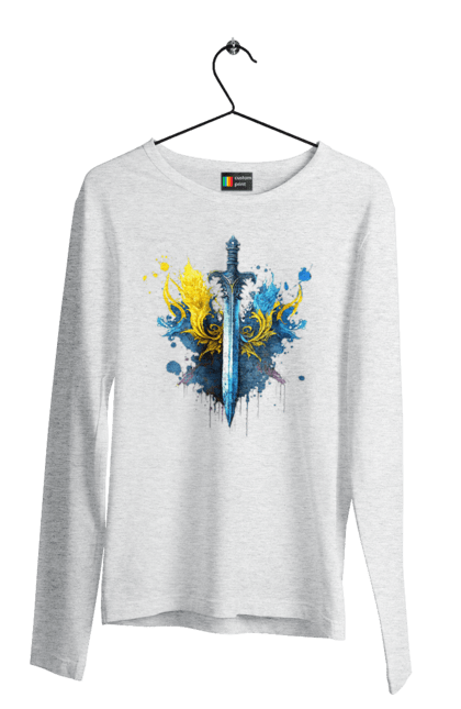 Men`s longsleeve with prints A sword in the Ukrainian style. Emblem, flag, sword, symbol of ukraine, trident, ukraine, victory. 2070702