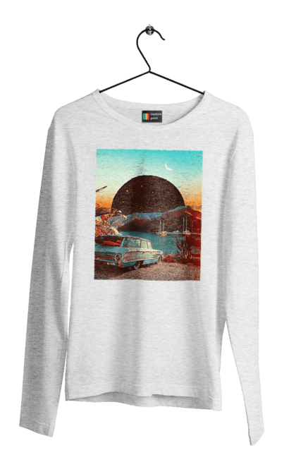 Чоловічий лонгслів з принтом "Картина, машина біля річки". Картина, машина, планета, прикол, ретро, річка. 2070702