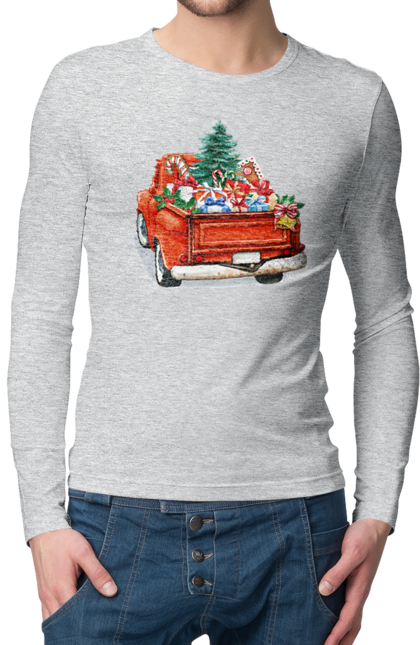 Чоловічий лонгслів з принтом "Авто з подарунками". Автомобіль, новий рік, подарунки, різдво, санта, ялинка. 2070702