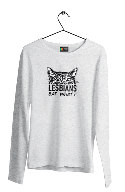 Чоловічий лонгслів з принтом "Lesbians eat what?". Гумор, котики, лгбт, лесбіянки, приколи, смішні написи. 2070702