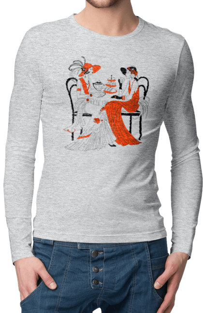 Men`s longsleeve with prints Ladies In Red. Get-togethers, ladies, tea drinking. 2070702