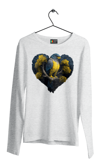 Men`s longsleeve with prints Blue and yellow falcon. Falcon, flag of ukraine, heart, symbol of ukraine, tree, ukraine. 2070702
