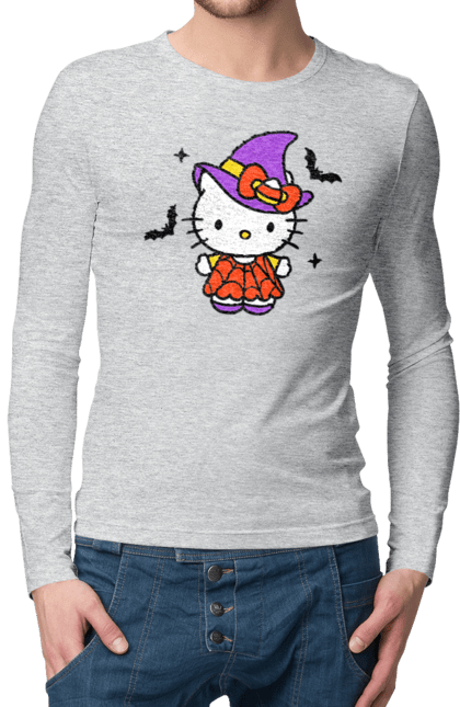 Men's longsleeve with prints Hello Kitty Halloween. Brand, cat, character, halloween, hello kitty, kitten, kitty, witch. 2070702