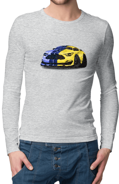 Чоловічий лонгслів з принтом "Український мустанг". Жовто блакитне авто, кольори україни, машина, мустанг, суперкар, форд мустанг, шелбі. 2070702
