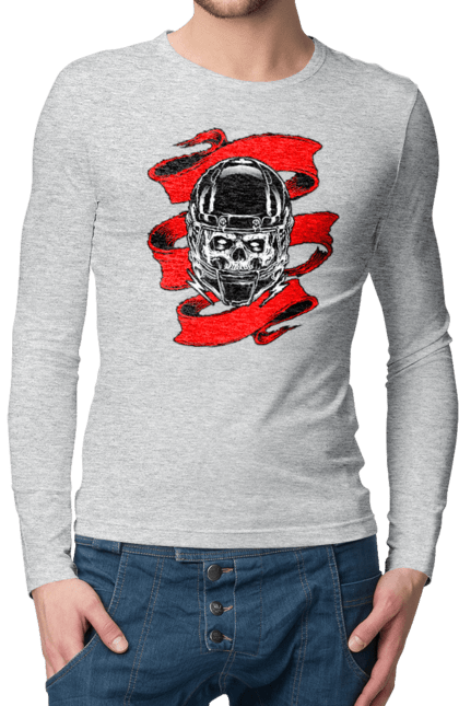 Чоловічий лонгслів з принтом "Череп в мотошоломі". Мото, стрічка, череп, шолом. 2070702