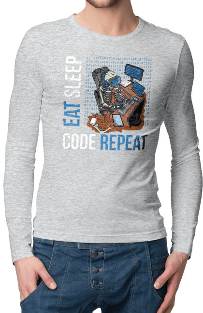 Чоловічий лонгслів з принтом "Їж Cпи Кодуй Повторюй". Айті, айтішник, для айтішника, для програміста, їж спи, кодуй повторюй, подарунок айтішнику, подарунок програмісту, програміст, розробник. 2070702
