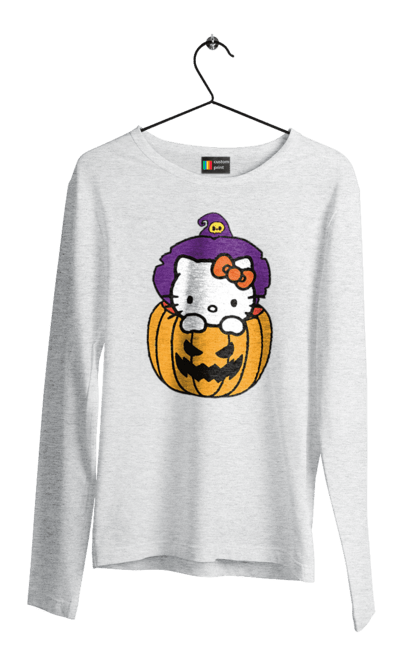 Чоловічій лонгслів з принтом "Хелло Кітті Хелловін". Halloween, hello kitty, witch, бренд, відьма, кіт, кошеня, персонаж, хелло кітті, хелловін. 2070702