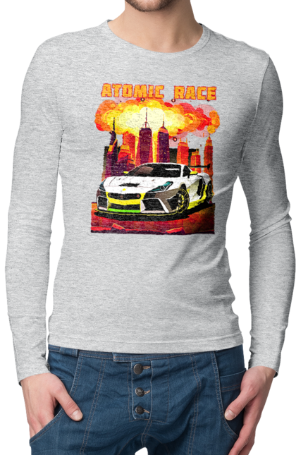 Men`s longsleeve with prints Atomic race. Atomic race, automobile, car, race, racing cars, sport car, sports car. 2070702