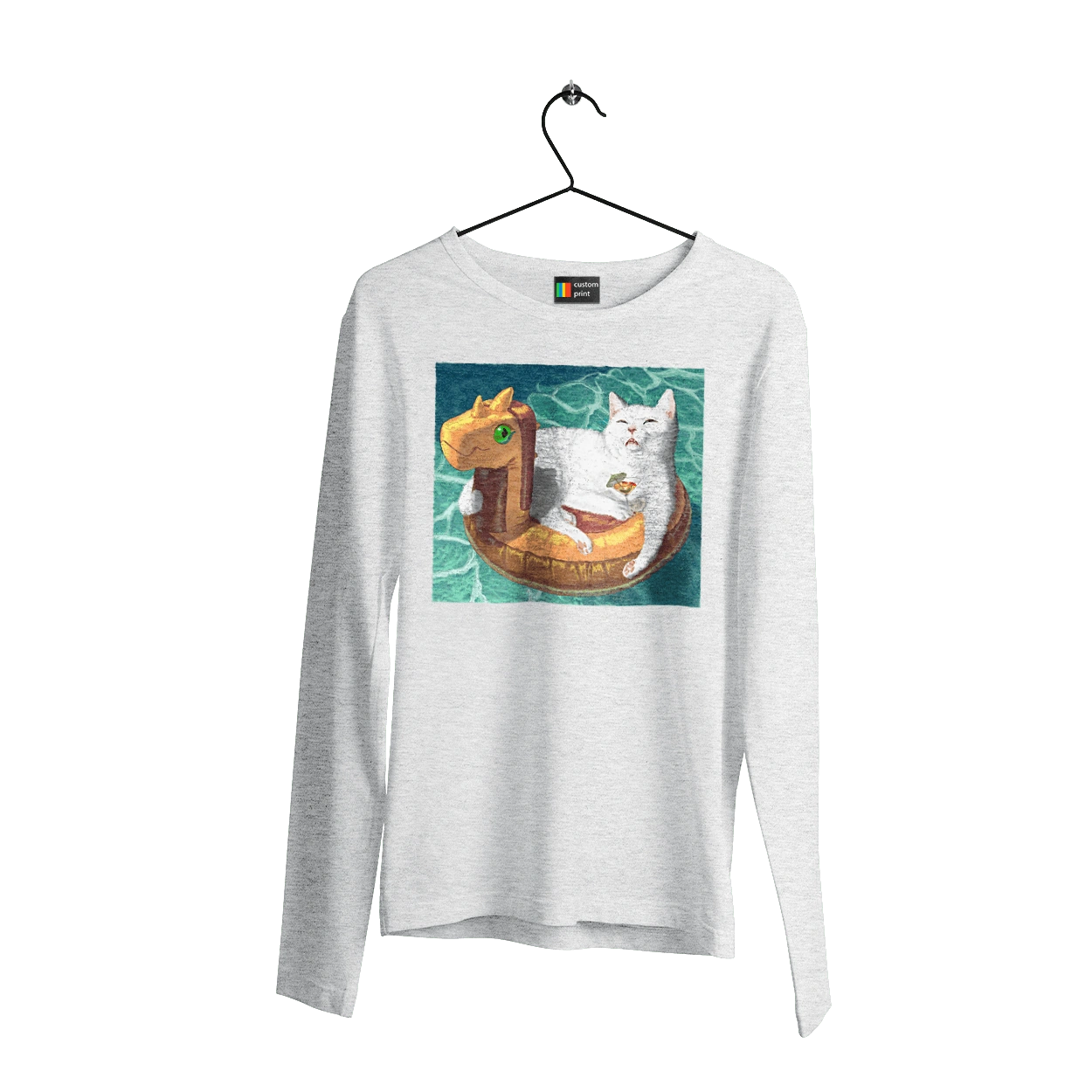 White cat in a swimming circle on vacation