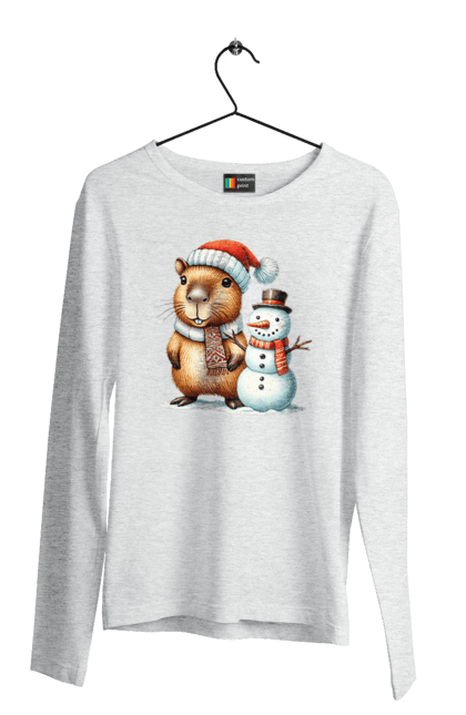 Men's longsleeve with prints Capybara and Snowman. Animal, capybara, christmas, christmas capybara, gift, holiday, new year, new year`s gift, santa, snowman. 2070702