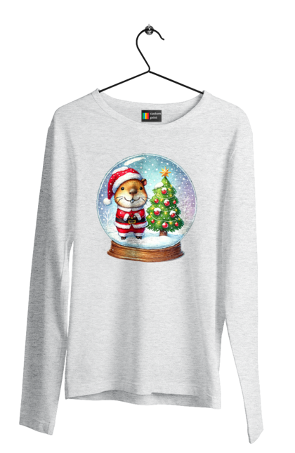 Men's longsleeve with prints Christmas Capybara with a Tree. Animal, capybara, christmas, christmas capybara, christmas tree, gift, holiday, new year, new year`s gift, santa. 2070702