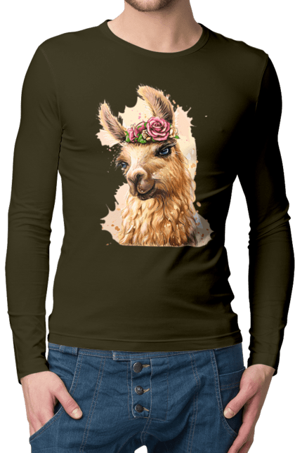 Мужской лонгслив с принтом Лама Портрет. Животное, лама, портрет. 2070702