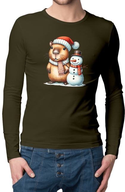 Men's longsleeve with prints Capybara and Snowman. Animal, capybara, christmas, christmas capybara, gift, holiday, new year, new year`s gift, santa, snowman. 2070702