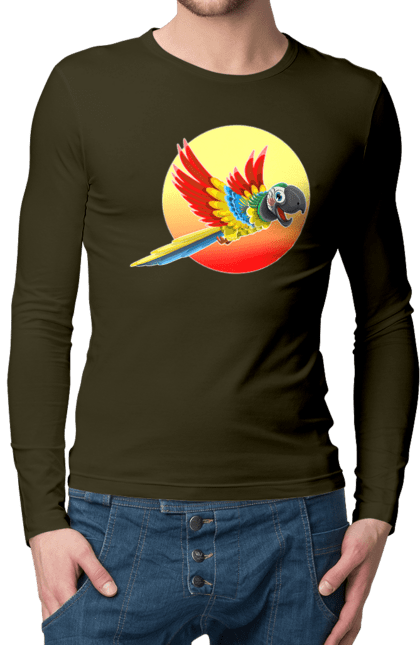 Men`s longsleeve with prints Parrot On The Sun. Bird, circle, color, disk, feathers, flies, flight, happy, heat, hot, in flight, macaw, multicolored, orange, parrot, recreation, red, summer, sun, sunny, tropics, vacation, warmly, wings, yellow. 2070702