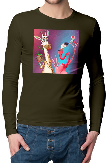 Men`s longsleeve with prints Giraffe And Flamingo At The Party. Cocktail, flamingo, food, giraffe. 2070702