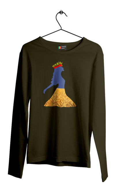 Men`s longsleeve with prints Ukraine. Girl, national colors, poppies, sky, wheat field, wreath, yellow blue. 2070702