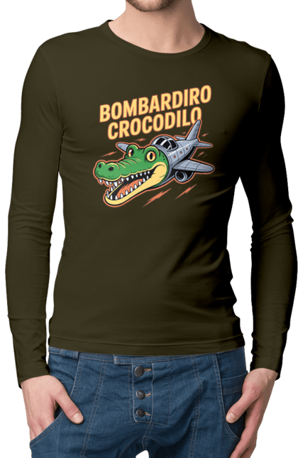 Чоловічий лонгслів з принтом "Bombardino Crocodilo". Bombardino, bombardino crocodilo, crocodilo, бомбардиро крокодило, бомбардіно крокоділо, крокодил, крокодил літак, крокодил мем, мем бомбардине крокодило, меми. 2070702