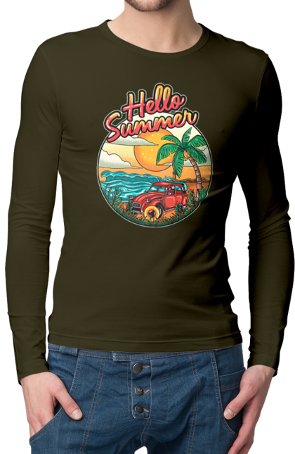 Чоловічий лонгслів з принтом "Привіт Літо, Машина Біля Моря". Літо, машина, острів, пальма, пляж. 2070702