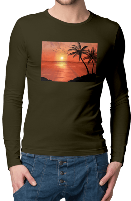 Мужской лонгслив с принтом Закат Пальмы Море. Берег, закат, море, пальмы. 2070702