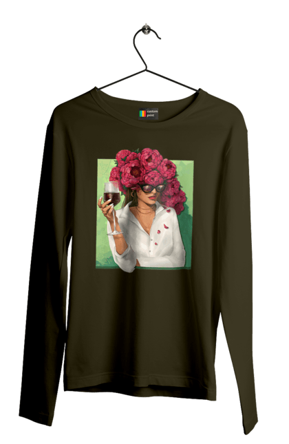 Мужской лонгслив с принтом Девушка с пионами и бокалом. Бокал, вино, девушка, лето, очки, пионы, рубашка, цветок. 2070702