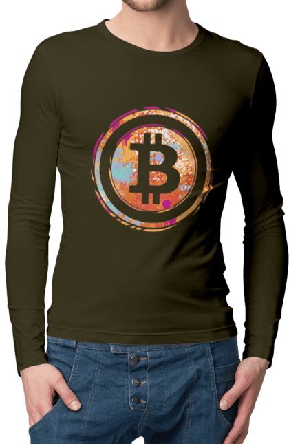 Чоловічий лонгслів з принтом "Біткоїн". Биткоин, бінарний, біткоїн, біткойн, валюта, гроші, крипто, програміст, хакер. 2070702