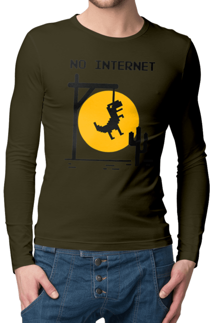 Чоловічий лонгслів з принтом "No Internet". Айті, без інтернету, гумор, динозавр повісився, мем, немає інтернету, прикол, смішна. 2070702