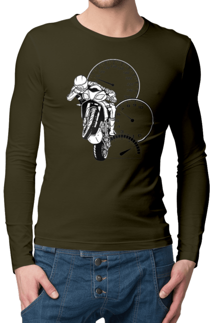 Мужской лонгслив с принтом Мотоцикл Скорость Черный. Мото, мотоцикл, разгон, скорость. 2070702