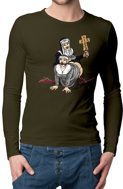 Чоловічий лонгслів з принтом "Монашки БДСМ". Бдсм, крута, модна, молодіжна, плескає по дупі, рок, рольові ігри, черниці бдсм, черницю, черниця. 2070702