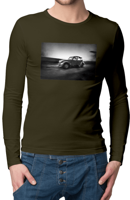 Чоловічий лонгслів з принтом "Ретро машина чб". Авто, ретро, ретро машина, чорно біла машина. 2070702