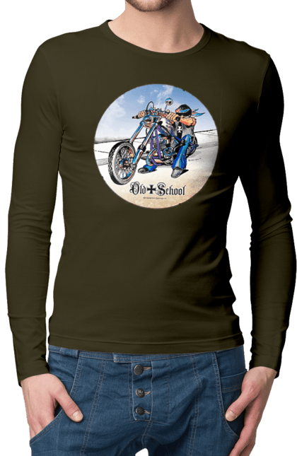 Мужской лонгслив с принтом Old school. Авто мото, испольнители, мотоцикл, музыкальная группа, рок группа, старая закалка. 2070702